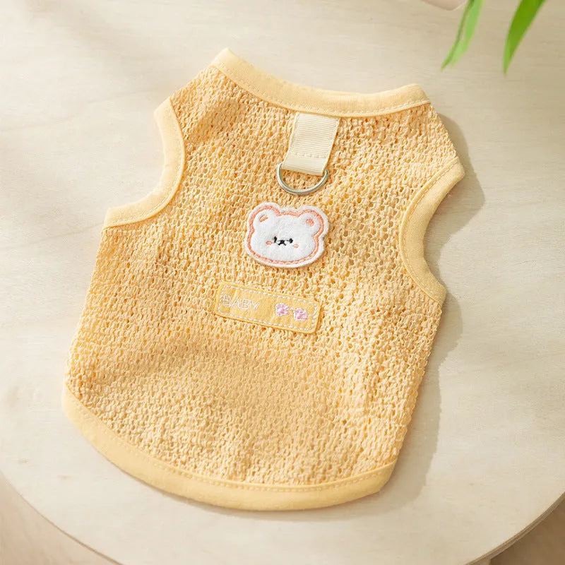 Cat wearing bear patch knitted clothing with hollowed-out breathable design in blue colour