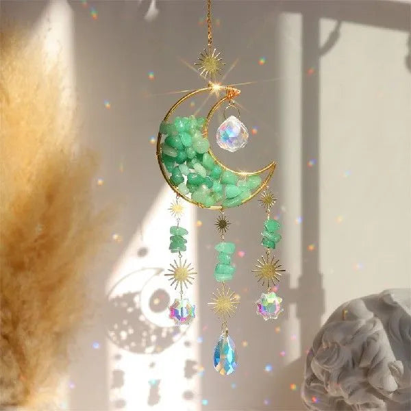 Silver metal holder with a large white K9 crystal moon pendant for car rear view mirror.