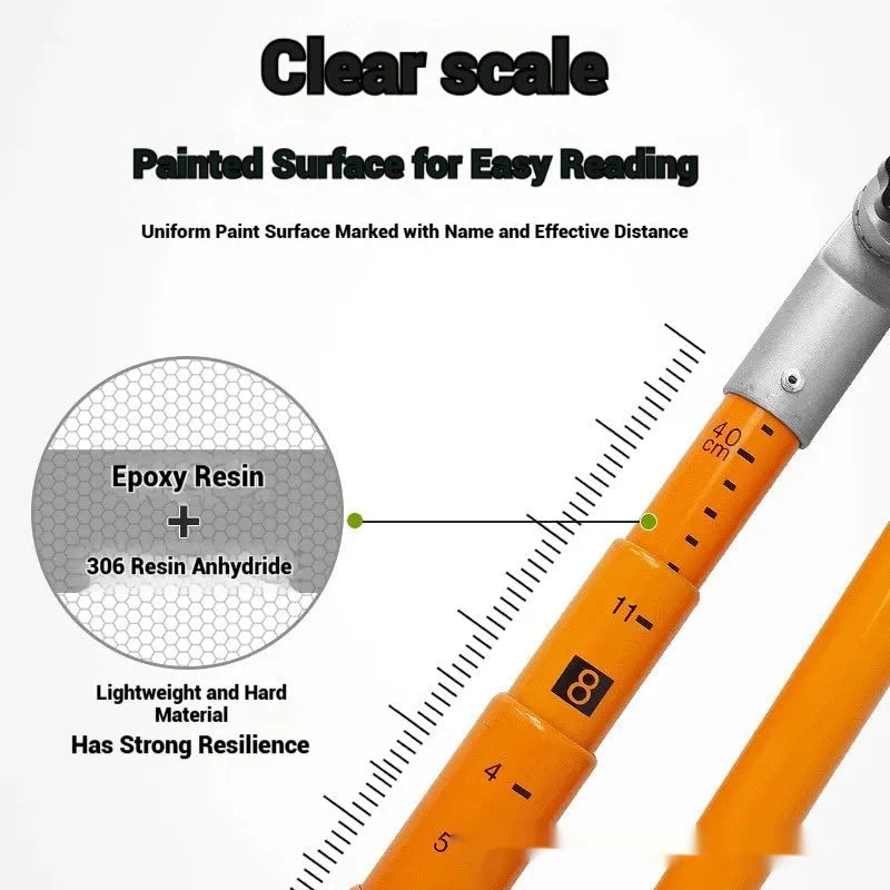 Telescopic fibreglass height measuring rod extended, showing clear scale markings, for checking truck and cargo height.