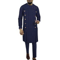 African men's striped cotton two-piece robe set showing long-sleeved top and trousers.