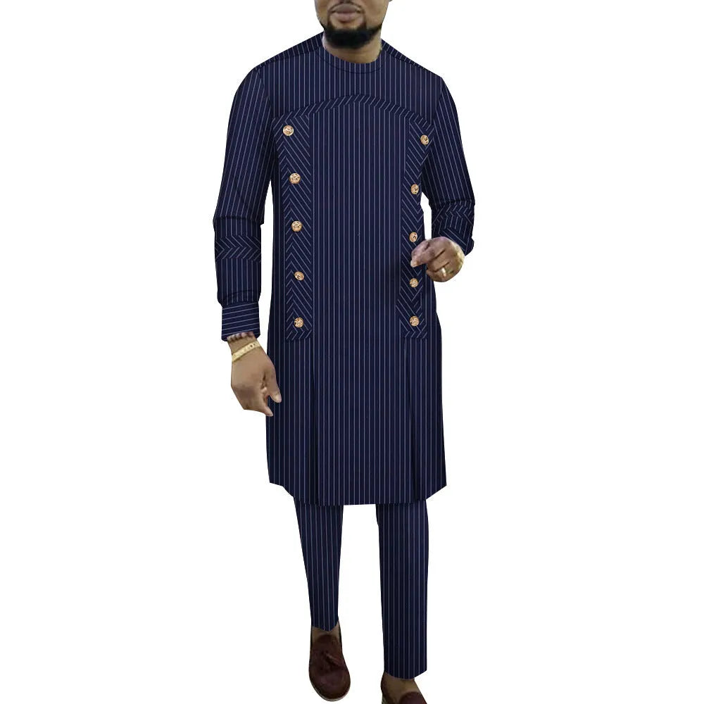 African men's striped cotton two-piece robe set showing long-sleeved top and trousers.