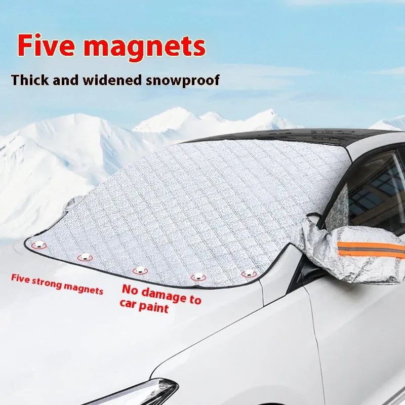 Aluminium foil car cover with reflective edge stripes and magnetic attachments for SUV windshield winter protection