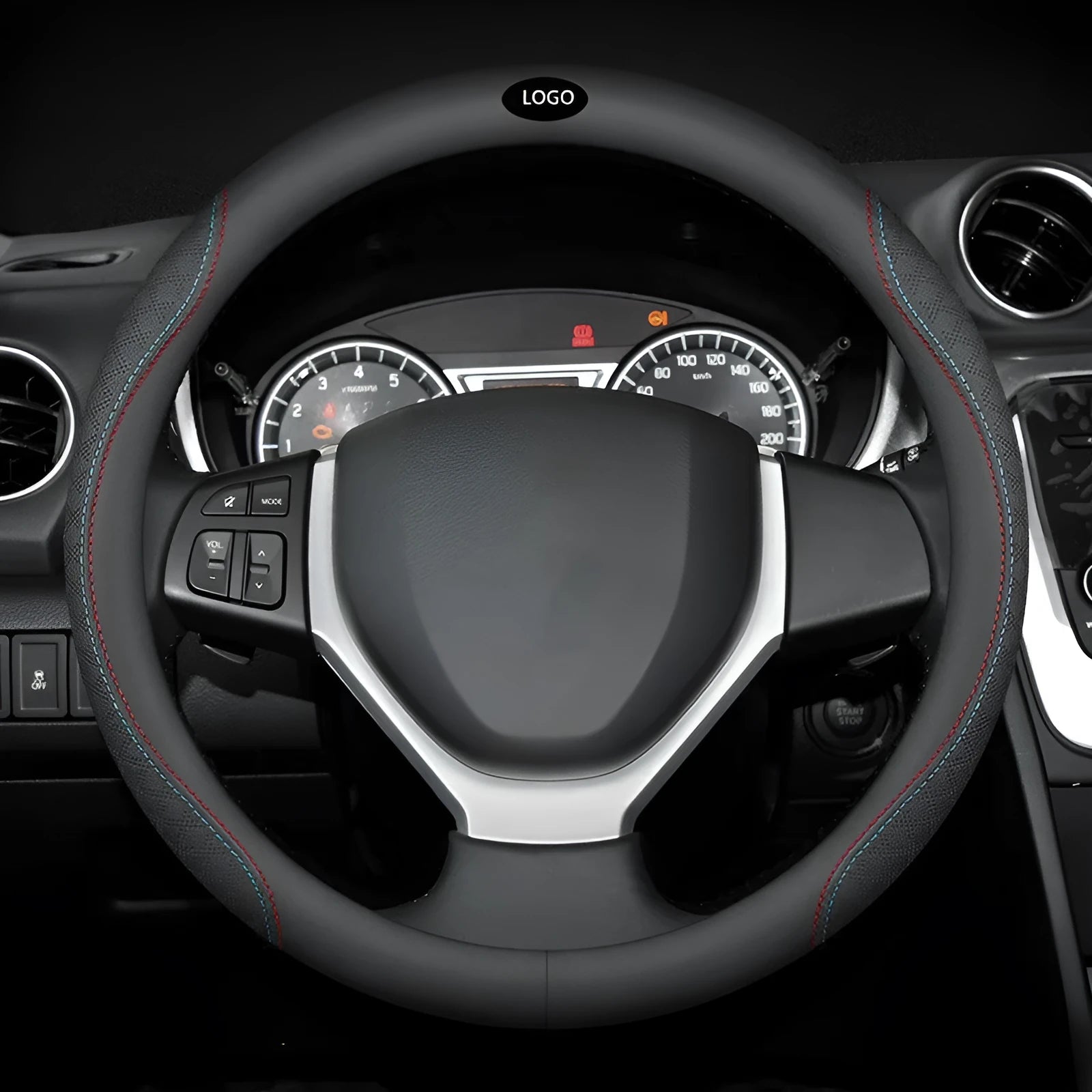 Black leather steering wheel cover with coloured stitching, shown fitted on a car wheel.
