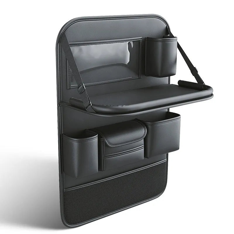 Genuine leather car seat organiser bag with a fold-out table in black, brown, grey, or green.