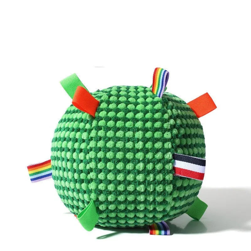 Blue and yellow durable pineapple lattice dog ball toy with ring rolling design, approx 17 cm diameter.