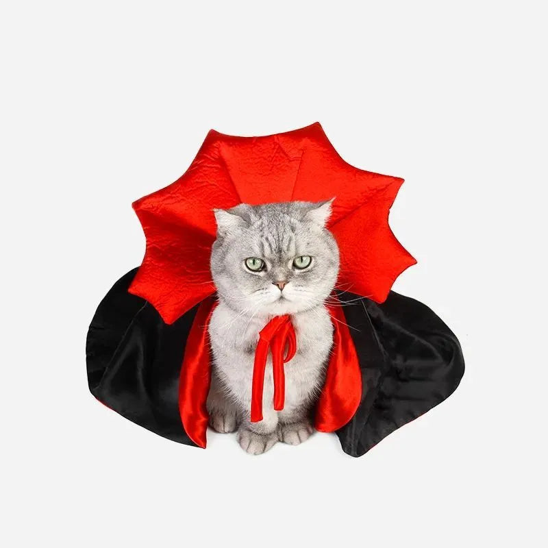 Small black vampire cloak costume on a mannequin, showing sizing for a pet.