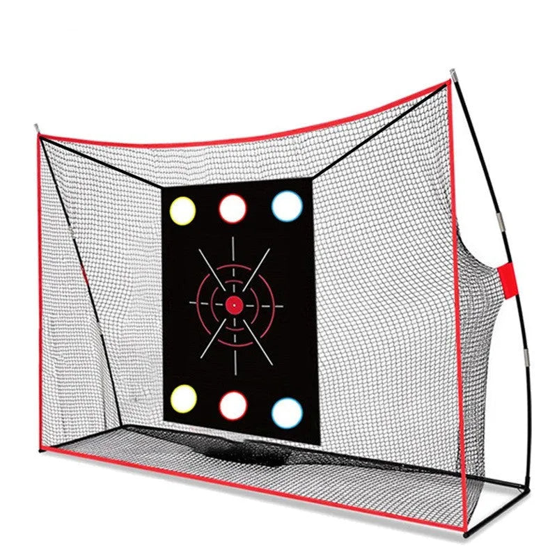 Golf swing wedge training net with 3-hole design, straw mat, and practice balls