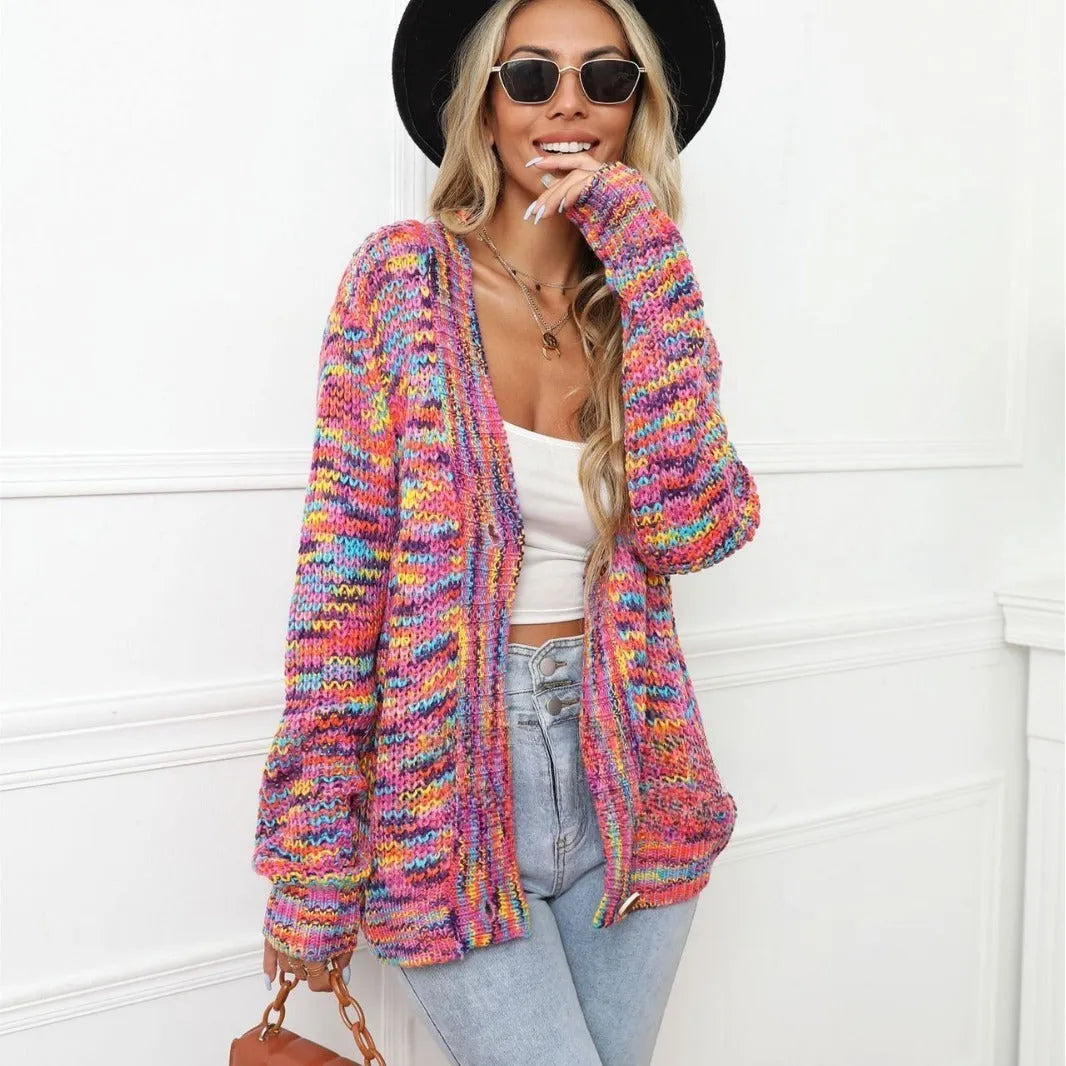 Rose red rainbow mixed colour festival dyed short cardigan knitted coat with loose street fashion styling