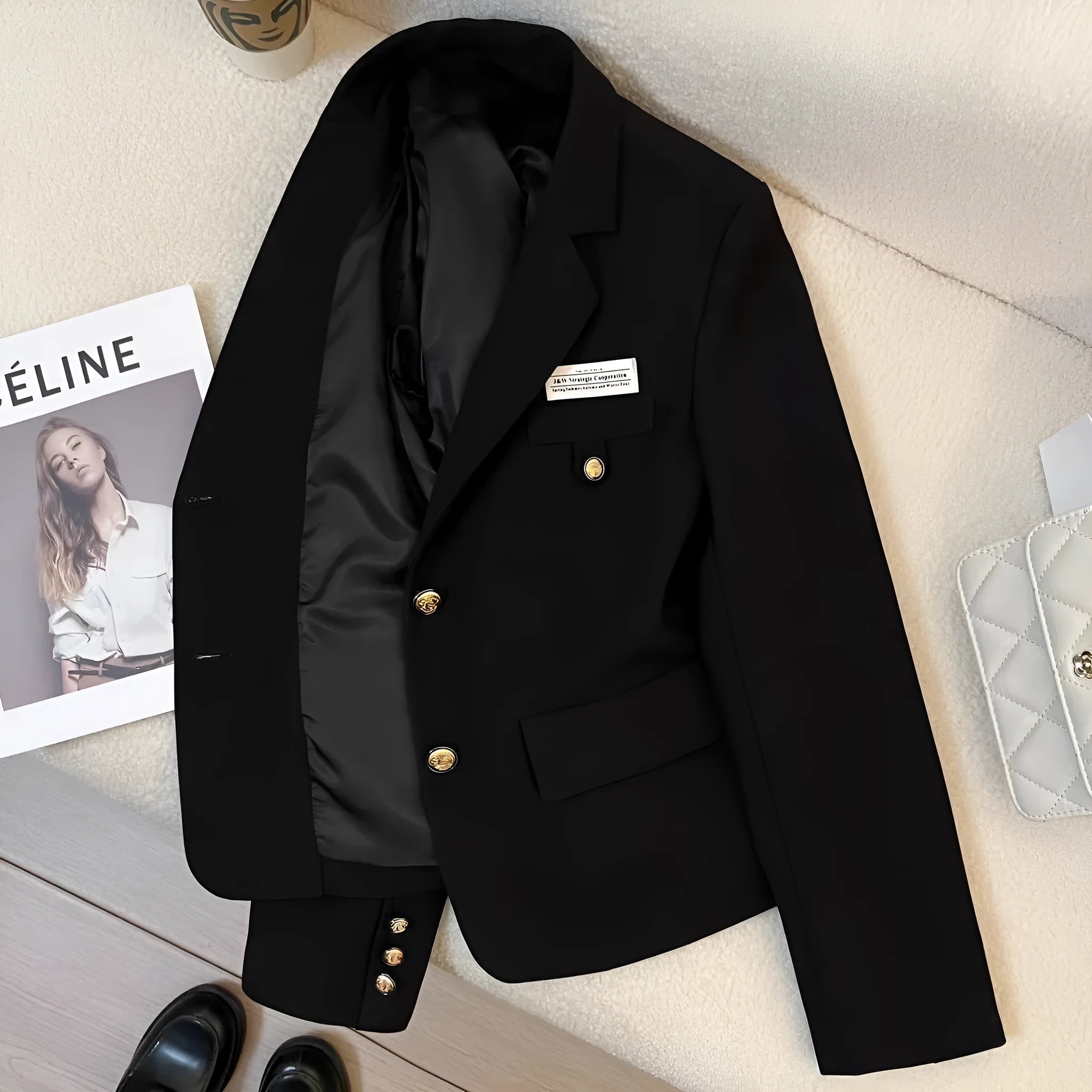 Women's black loose fit polyester short suit coat with long sleeves and pocket detailing