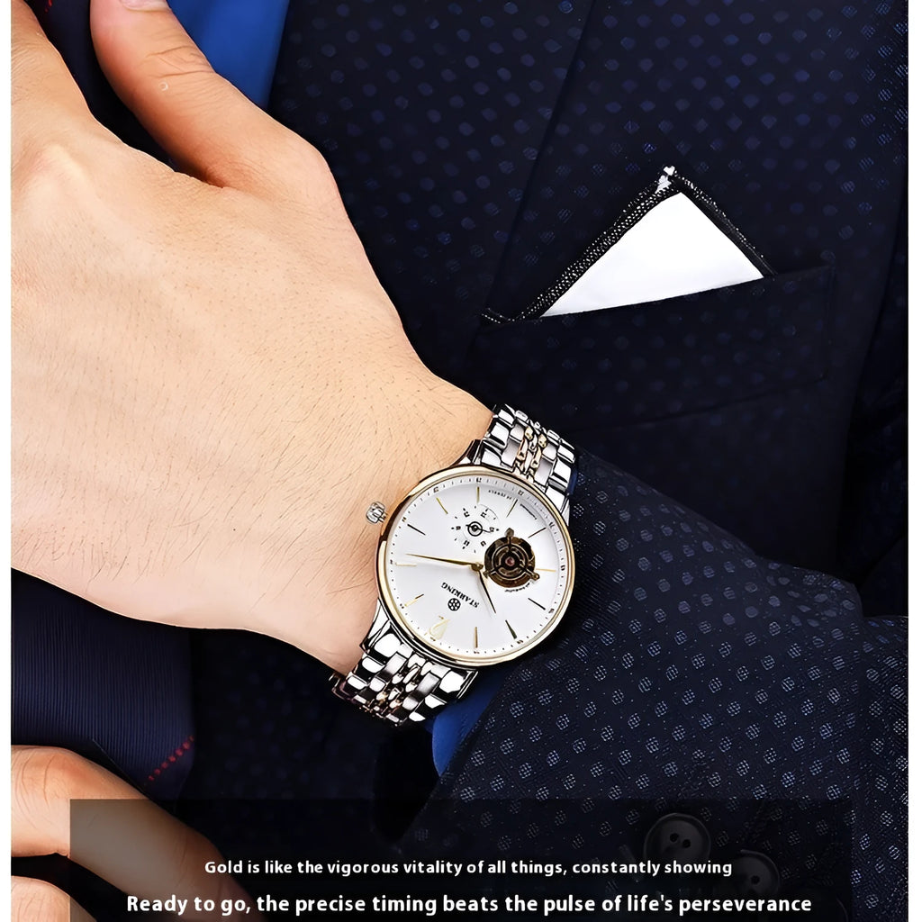 Men's automatic mechanical business watch with brown leather strap and stainless steel case on white dial.