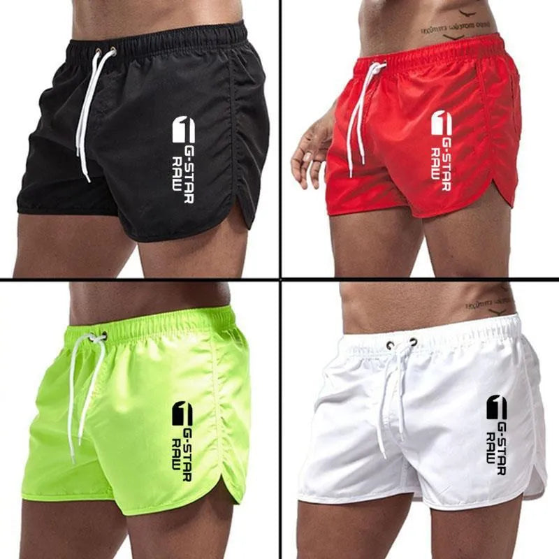 Men's thin hemp-blended polyester sport shorts in multiple colours on a mannequin, showing elastic waistband.