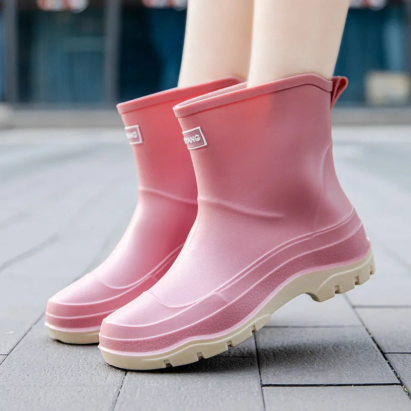 Women's short waterproof non-slip rubber shoes in white, black, and pink colours