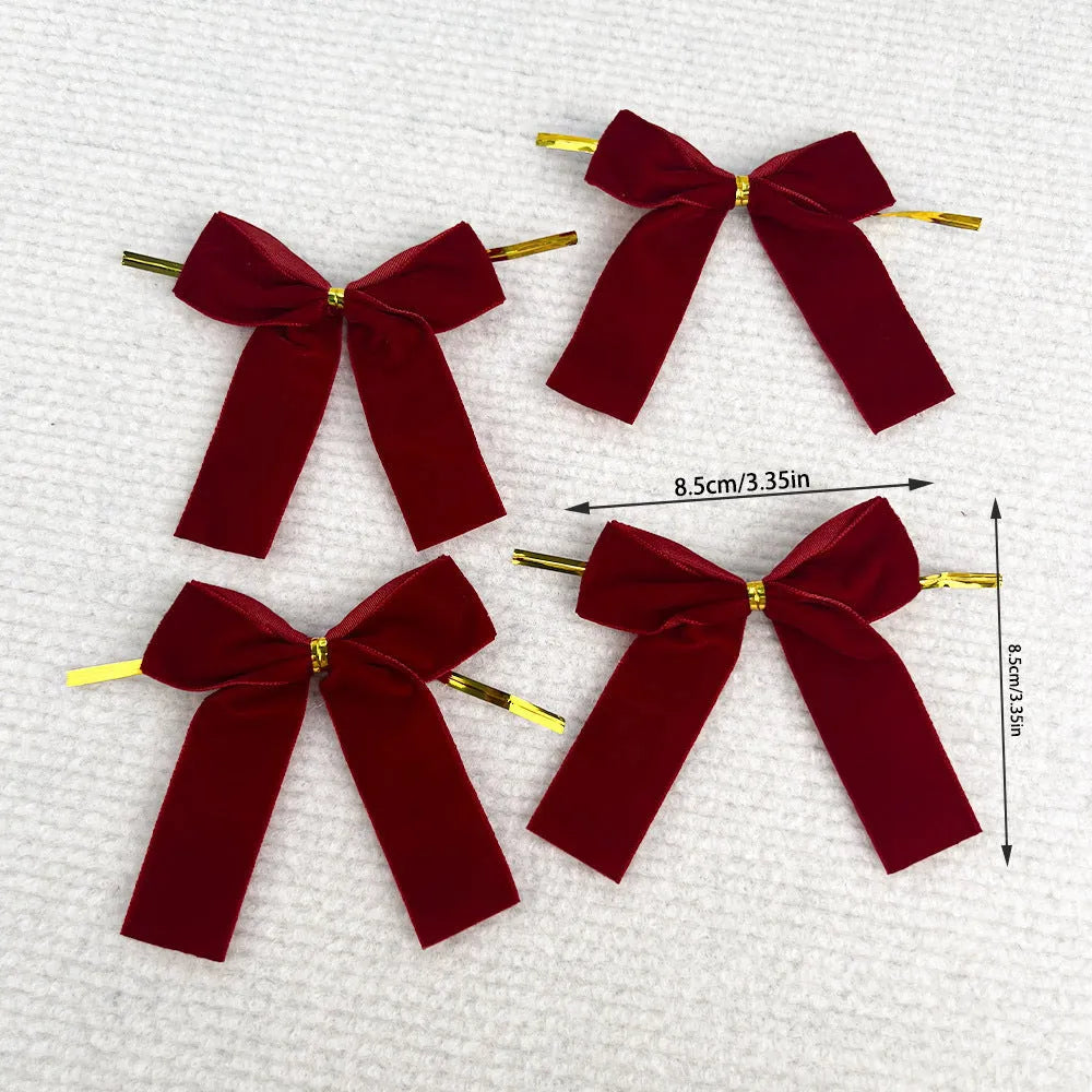 Set of 12 handmade velvet Christmas tree bows in tie-style design, available in multiple colours