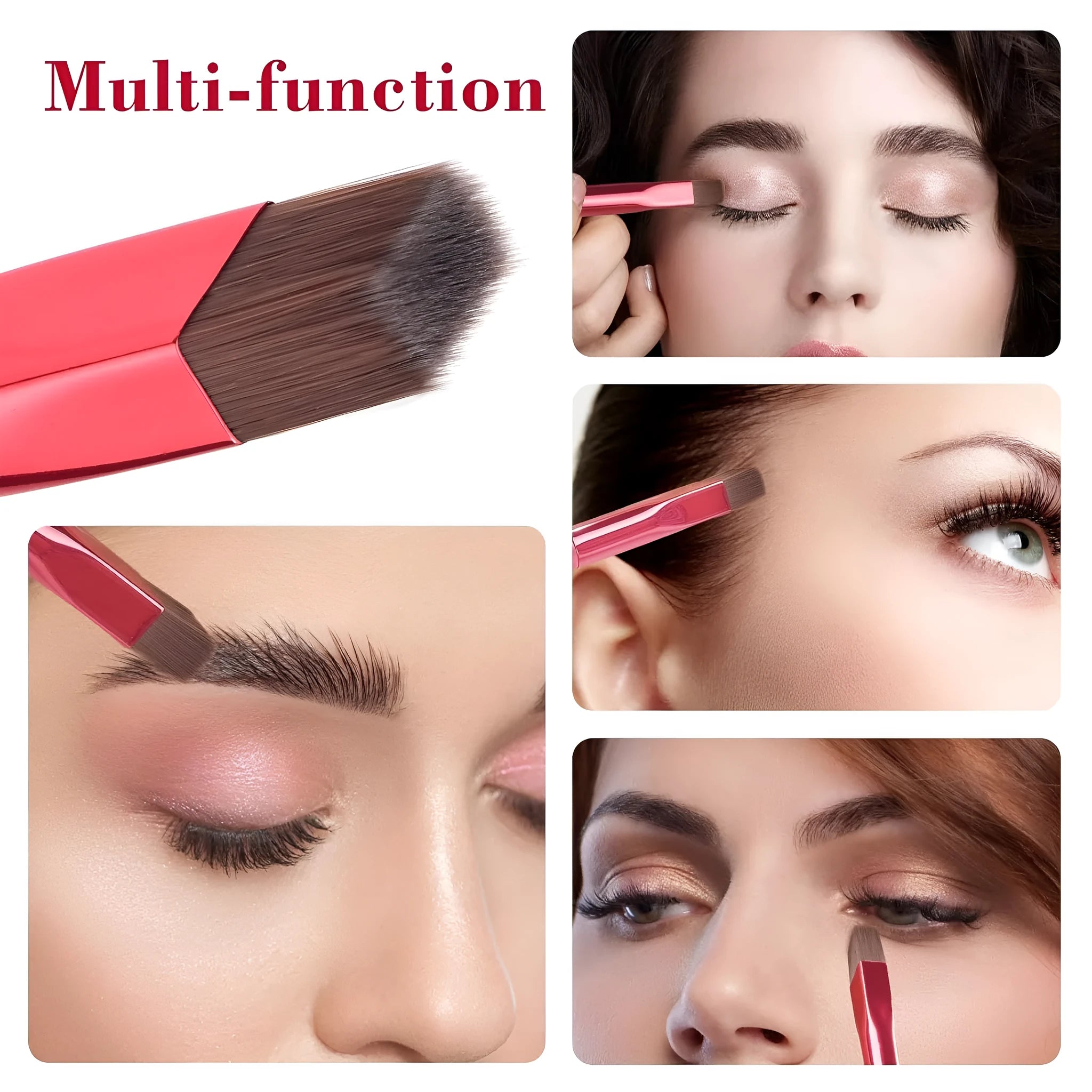 Square angled eyebrow stamp brush with synthetic fibre bristles and an ergonomic brown handle on a white background.