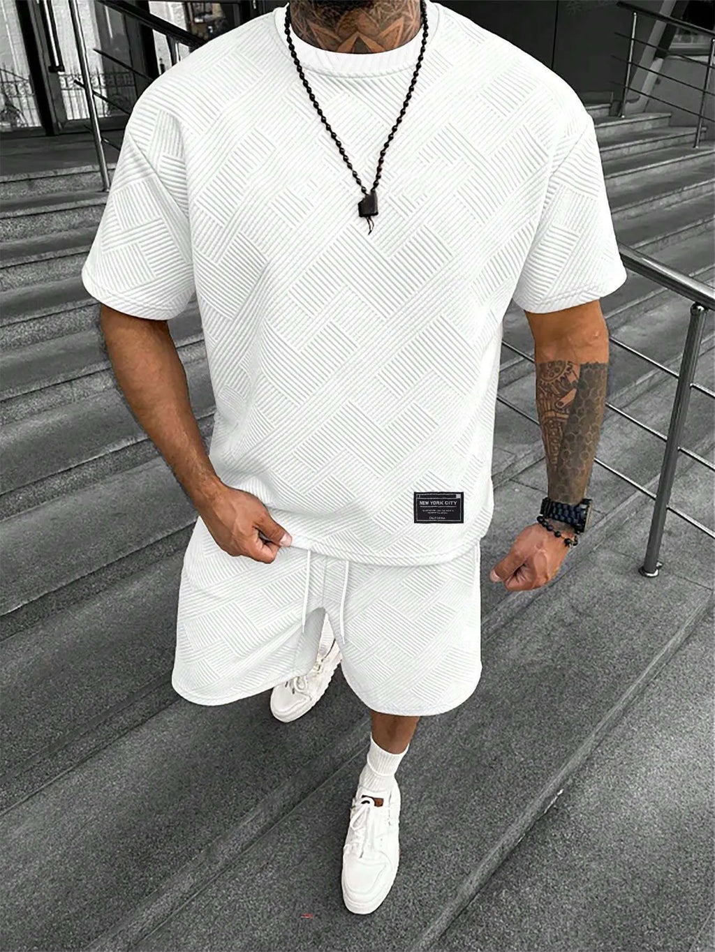 Men's short sleeve top and matching shorts with 3D digital printed pattern in a polyester blend fabric