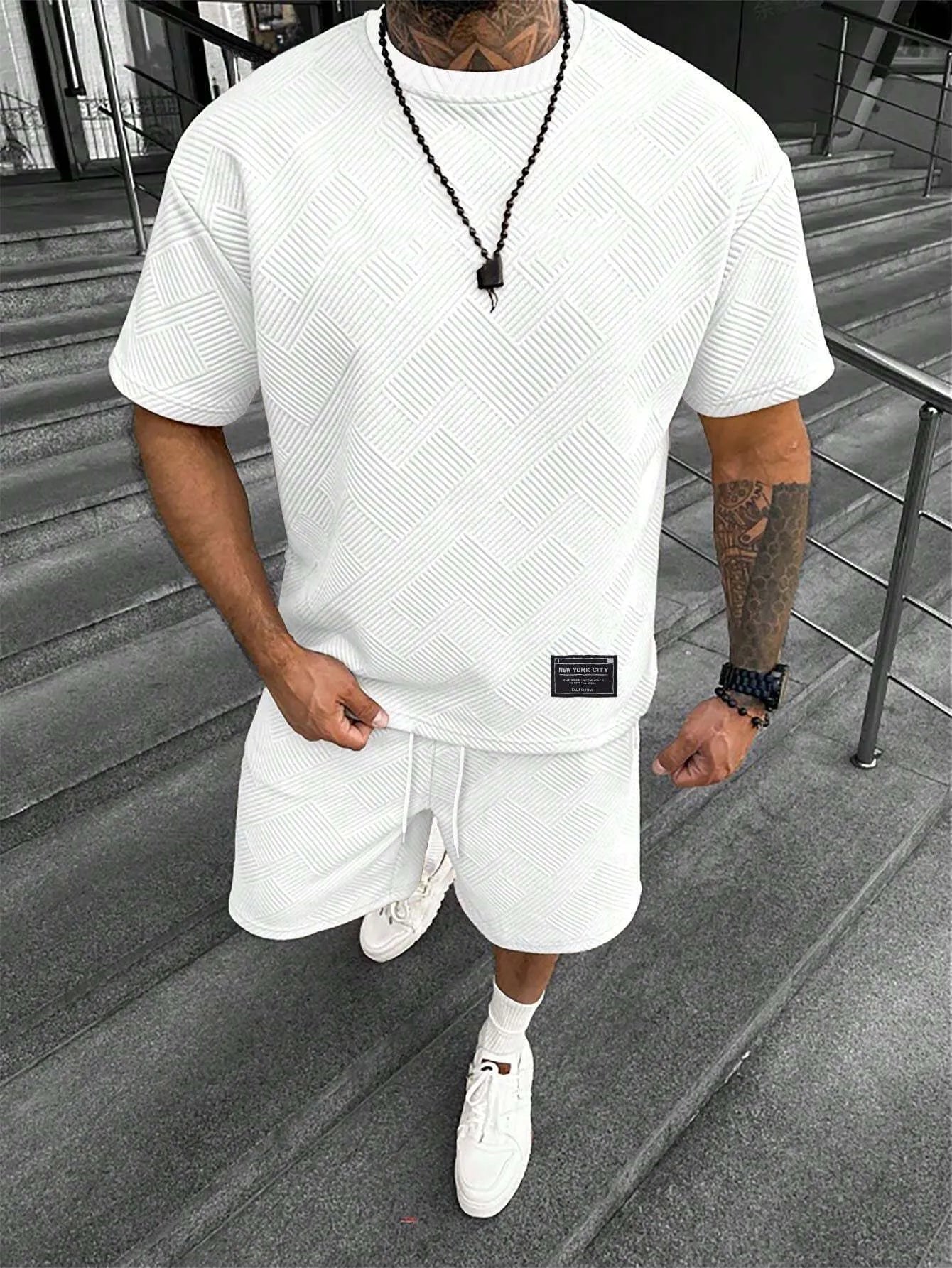 Men's short sleeve top and matching shorts with 3D digital printed pattern in a polyester blend fabric