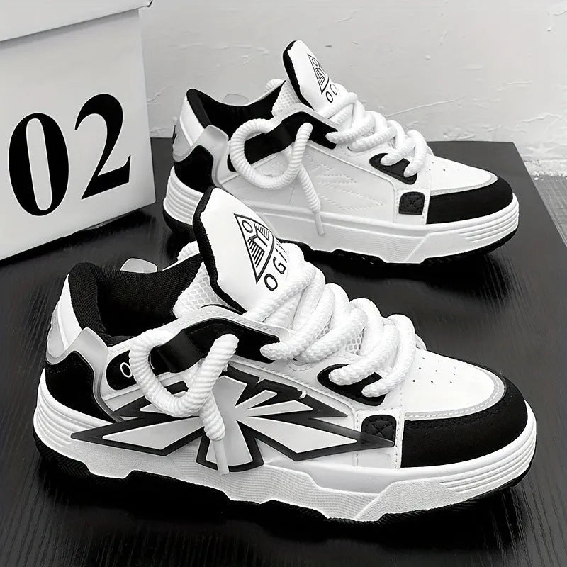 Men's thick bottom chunky sneakers with cartoon patterns in black, white, and blue colour options