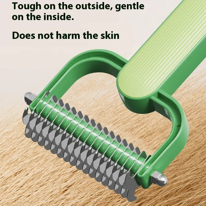 Green and grey dog unknotting combs showing large and small sizes with stainless steel pins.