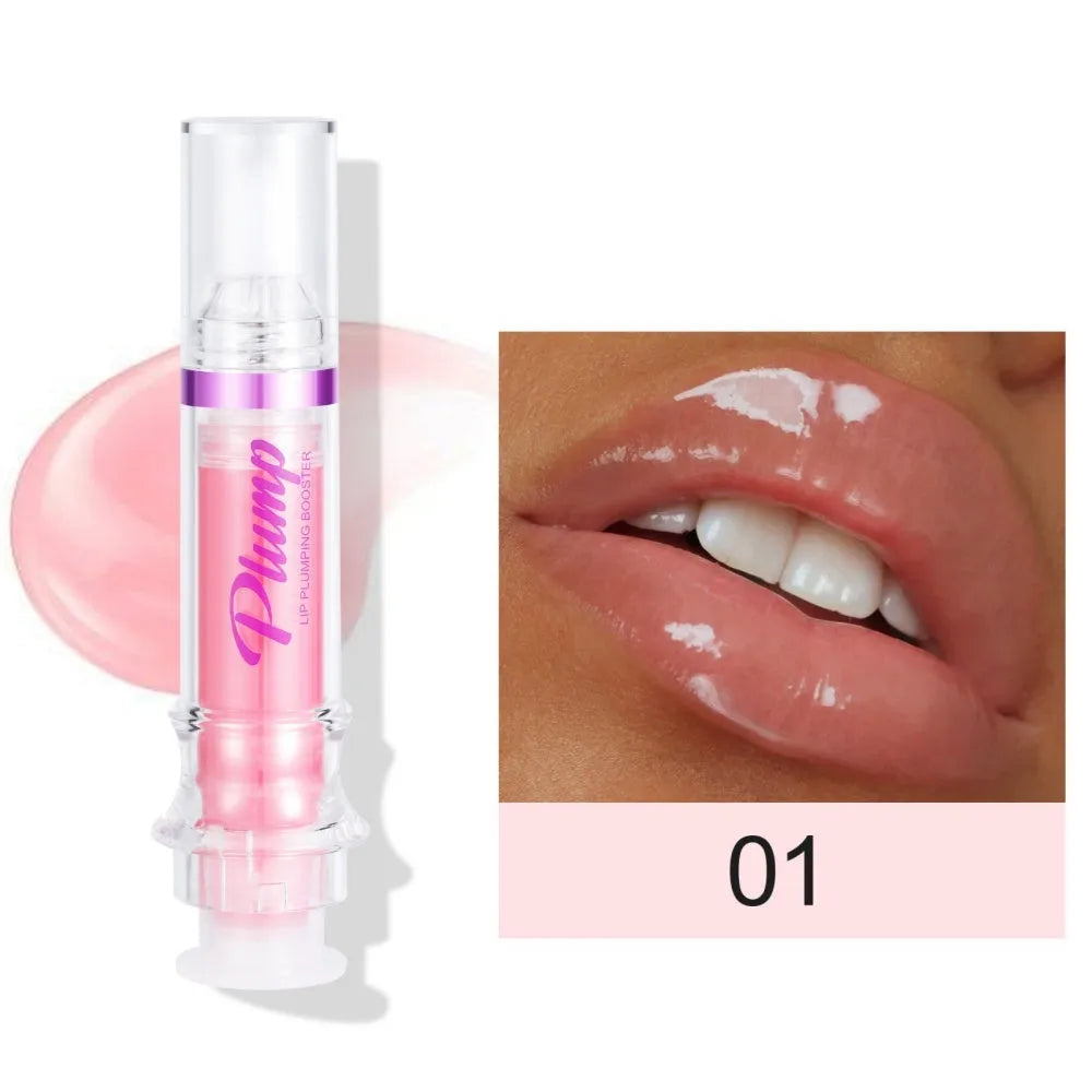 Lip gloss tube with mirror finish showing shiny application on lips