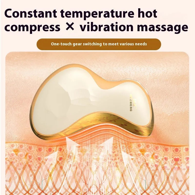 Golden yellow rechargeable electric scraping plate for hot compress and vibration massage therapy.