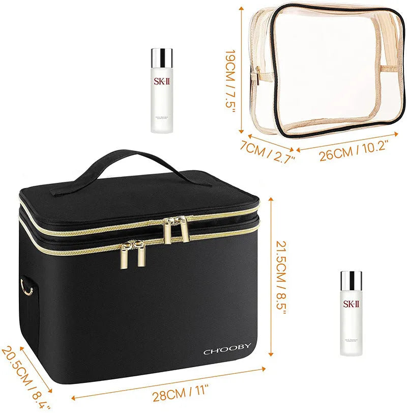 Black double-layer waterproof polyester cosmetic storage bag with carry handle, 27x20x21cm, open to show separated compartments