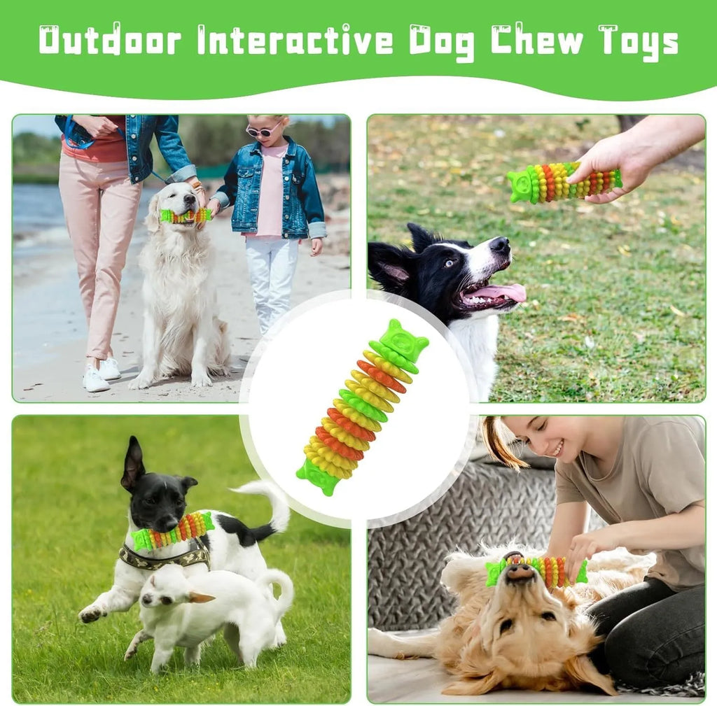 Blue rubber caterpillar-shaped dog chew toy for aggressive chewers on a plain background.