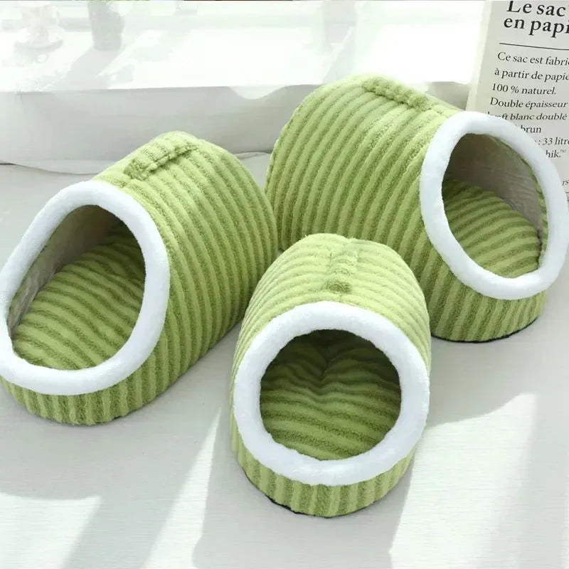 Thickened 3D striped dog cat bed with removable sponge mattress in blue, green, pink or yellow