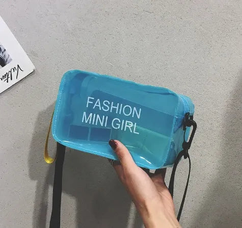 Transparent square jelly shoulder bag in multiple colours with an adjustable long strap.