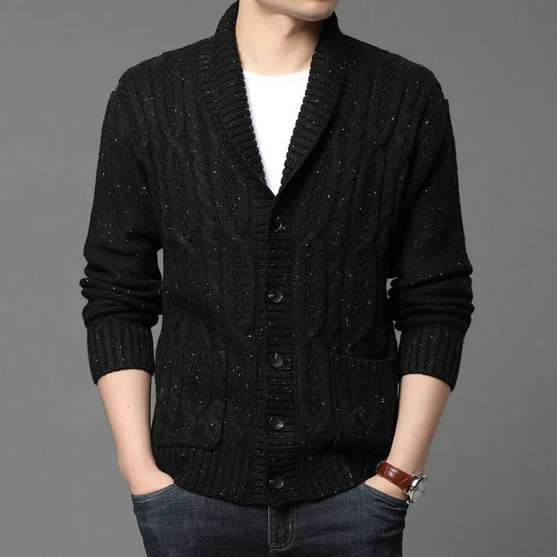 Men's black Korean style jacquard pattern knitted cardigan jacket on a hanger