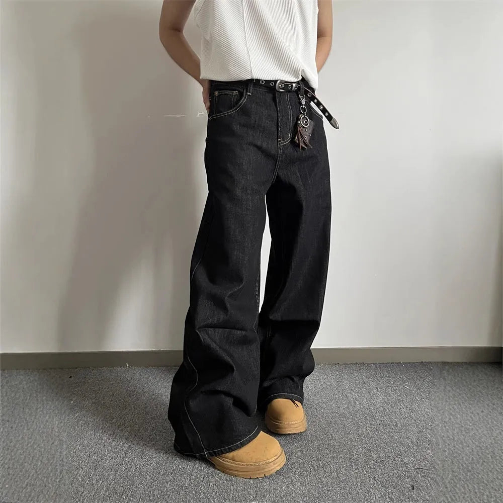 Black loose wide-leg retro jeans with straight-leg cut and zip placket fly