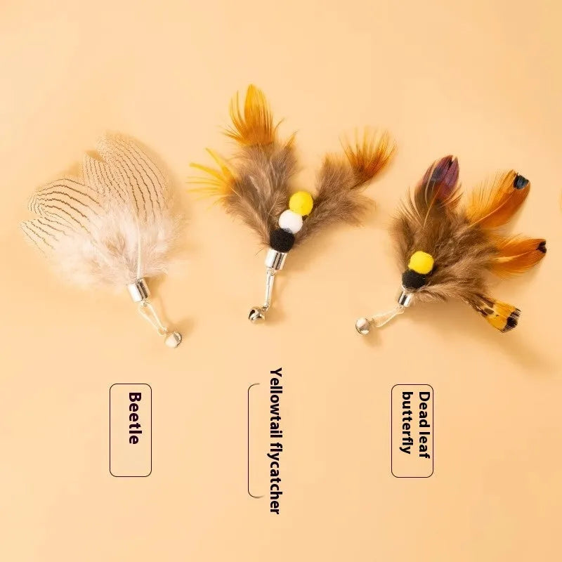 Set of three small cat toys with colourful flying insect heads on thin steel wires.