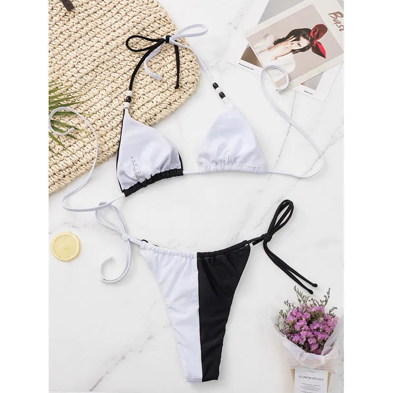 Black and white women's lace-up swimsuit bikini set with triangle cups