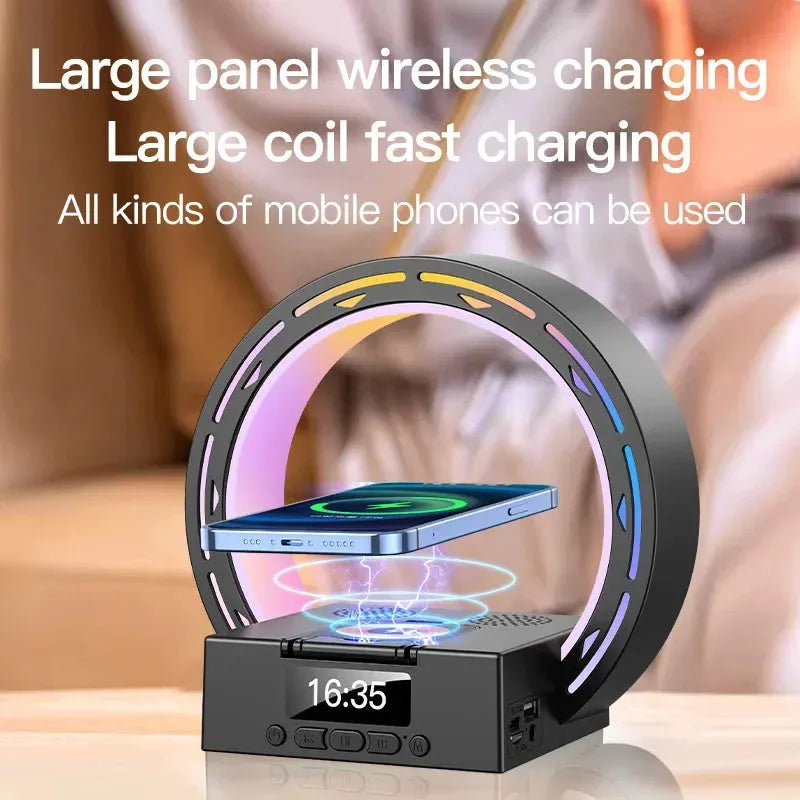 White multifunctional Bluetooth speaker bedside unit with digital clock display and wireless charging phone on top.