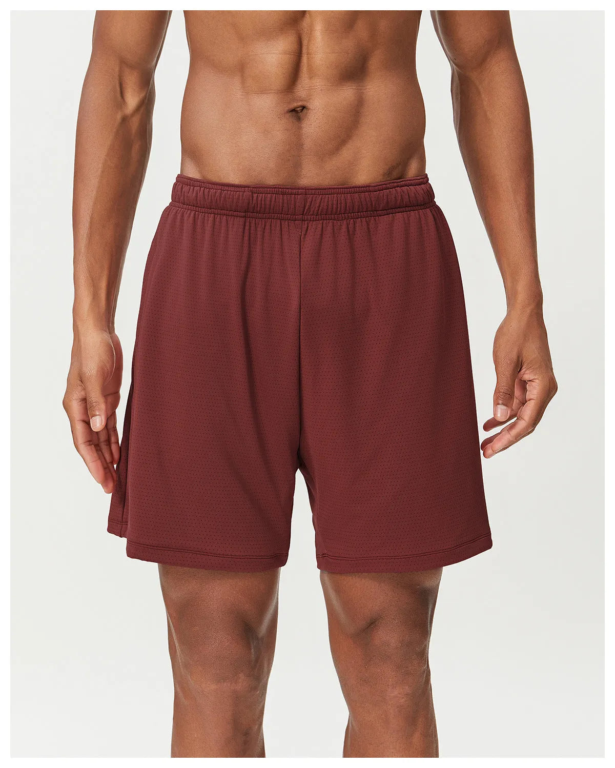 Men's double-layer running shorts in sky green colour on a mannequin, showing mid-waist and shorts length.