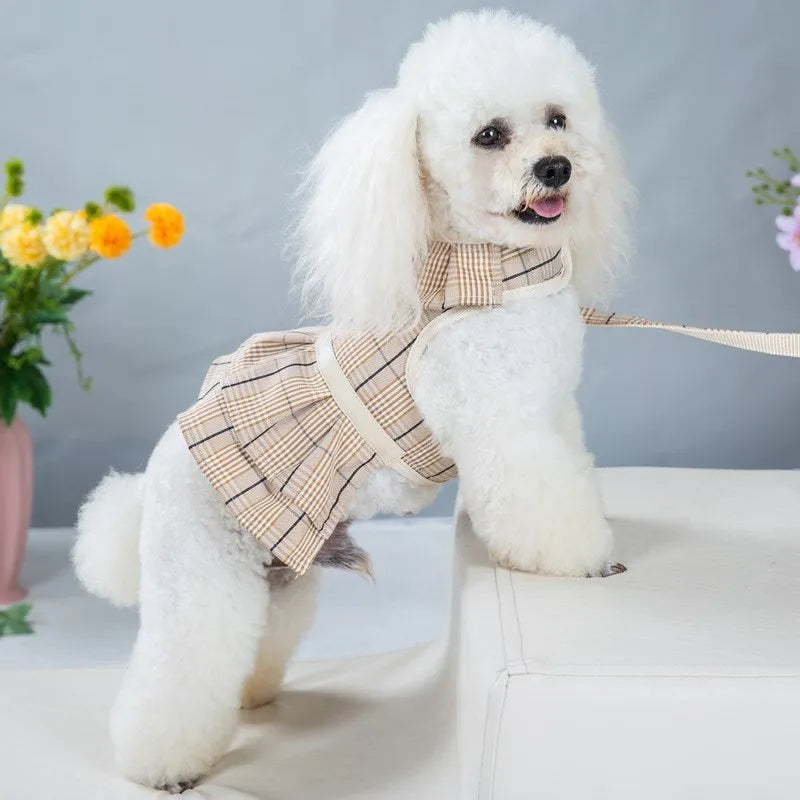 Adjustable polyester pet vest with hand holding rope in milky white or purple skirt colour