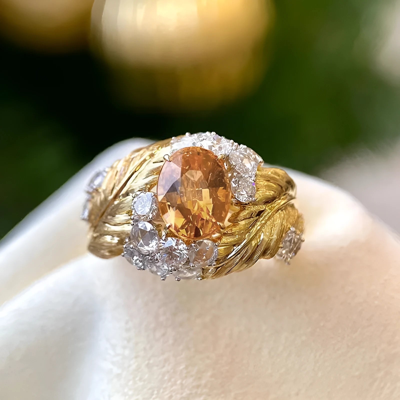 Women's feather embossed copper ring with geometric design and yellow zircon stone inlays