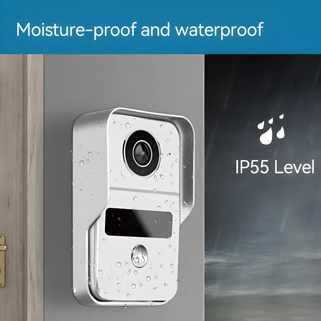 1080P wireless video intercom doorbell system with outdoor camera and indoor monitor on a 10-inch display.