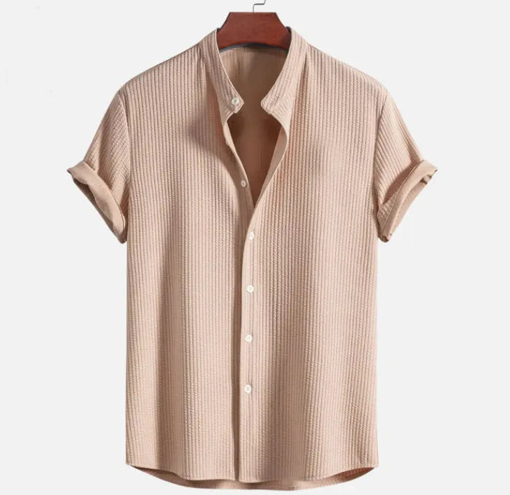 Men's loose fit short sleeve casual shirt in various colours including wine red and light blue