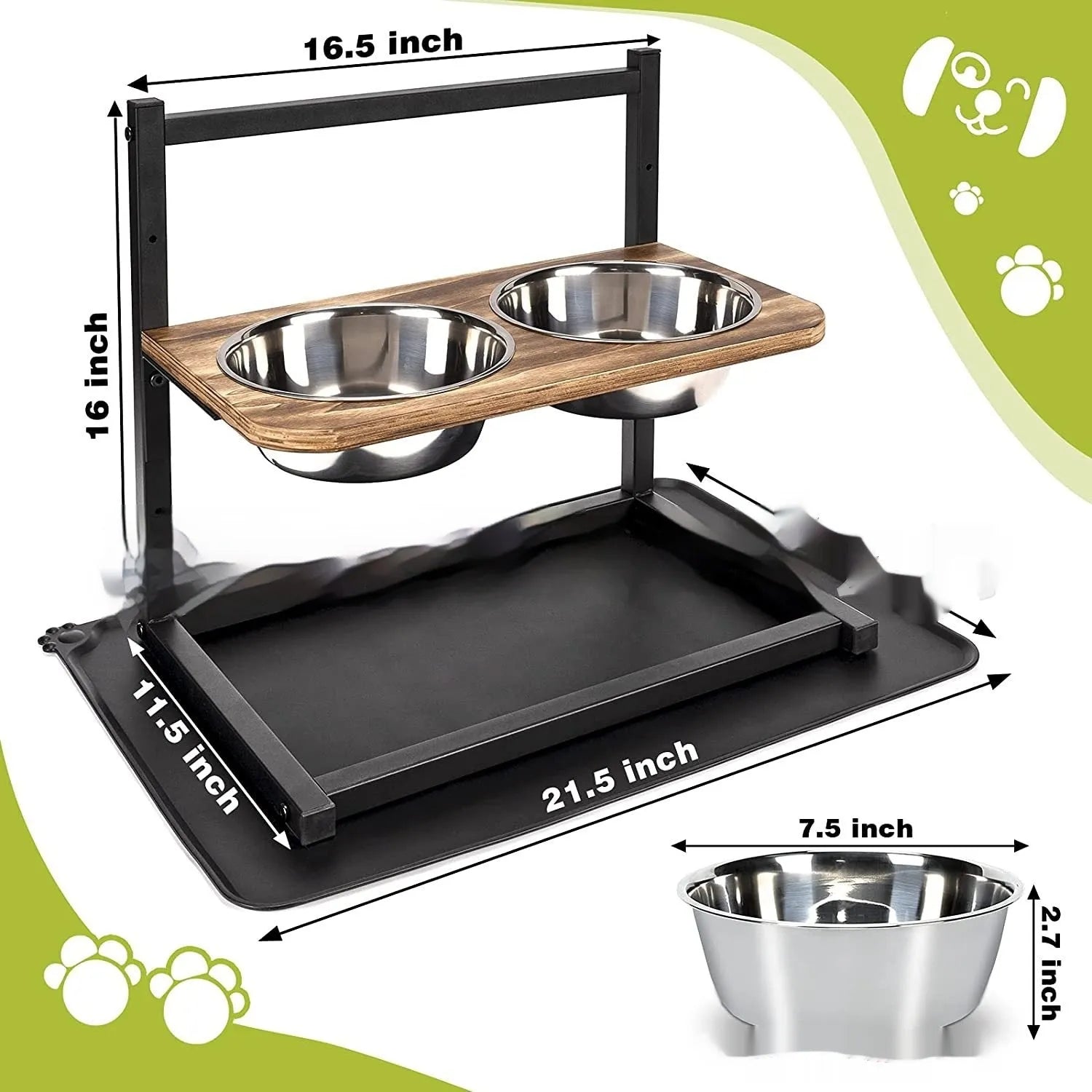 Black iron elevated dog feeding stand holding three different sized bowls for large breeds.