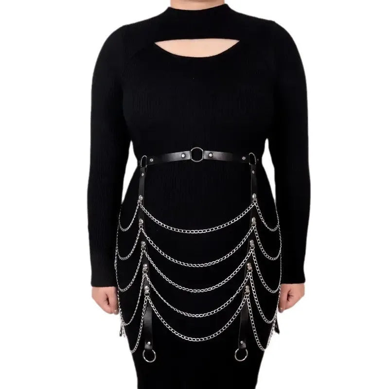 Black PU leather waist chain with bandage binding design for women's decorative clothing ornament