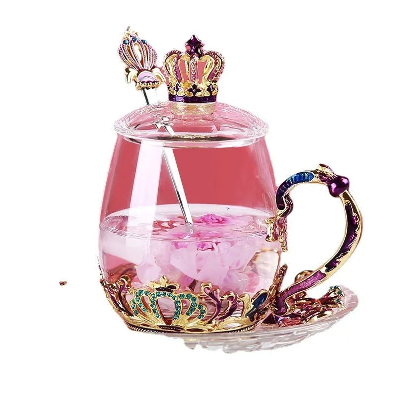 Household enamel cup crown flower tea cup set with heat-resistant glass cup, spoon, lid, and plate, round shape, 301-400ml