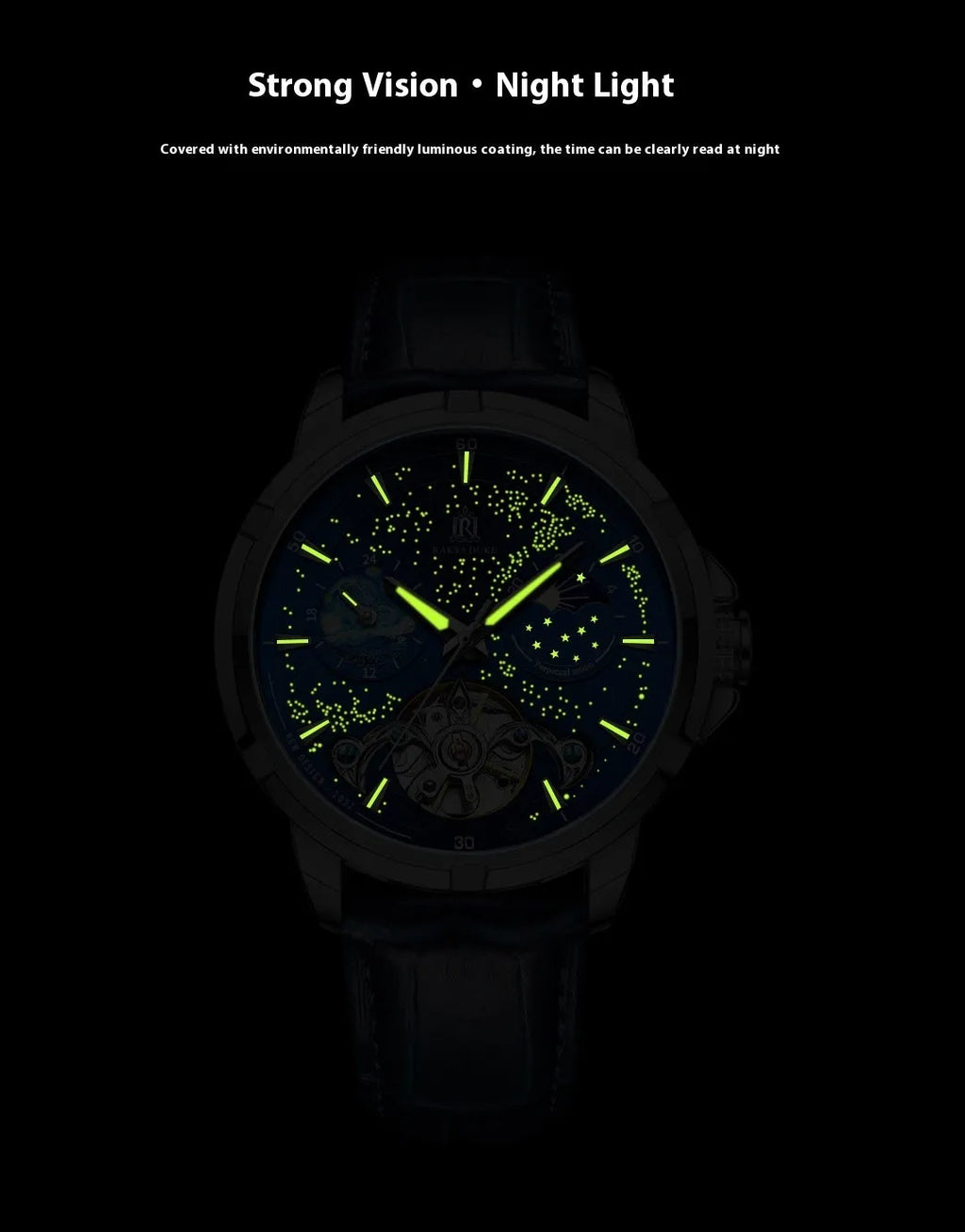 Men's blue automatic mechanical watch with leather strap on wrist, showing 42mm case.