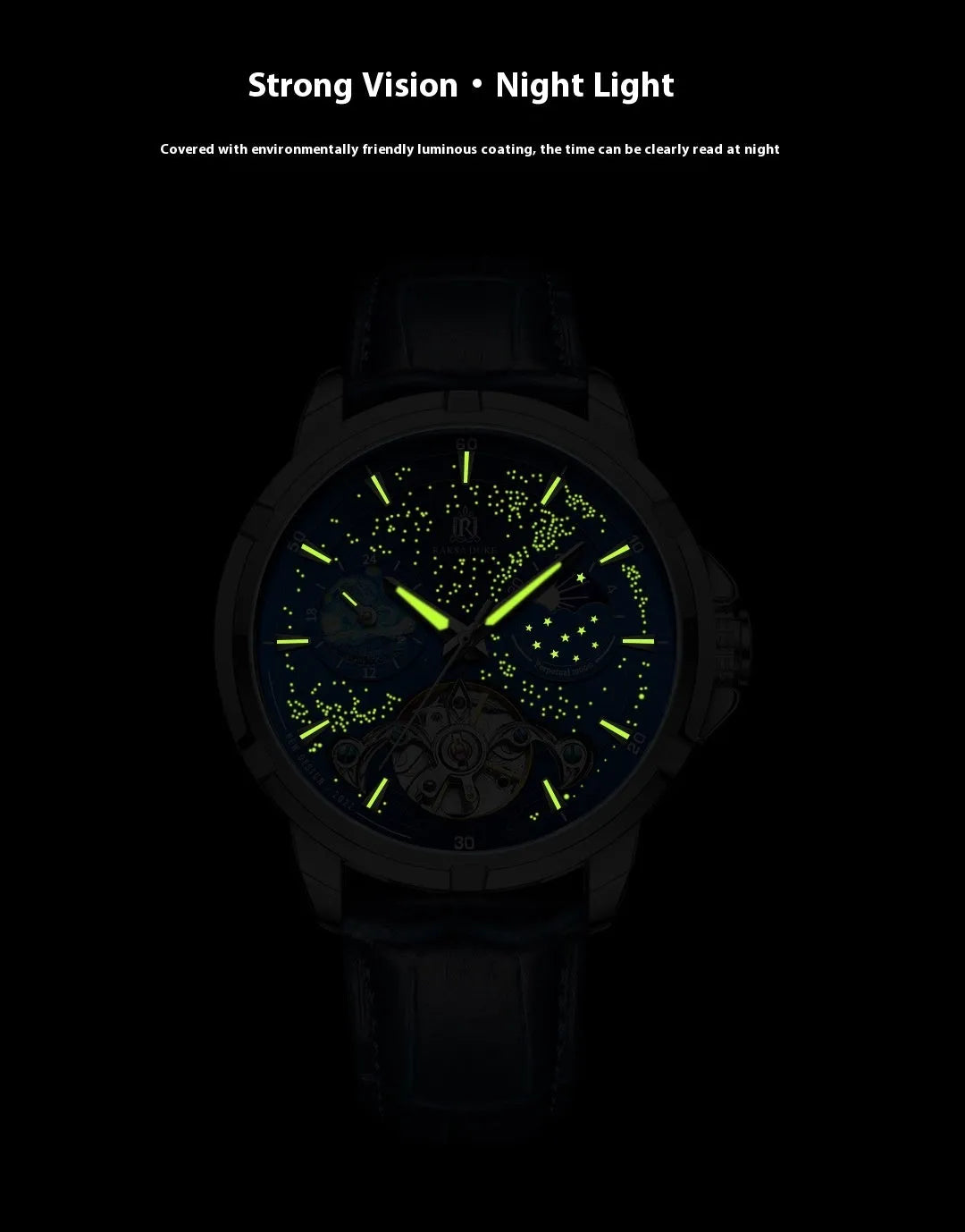 Men's blue automatic mechanical watch with leather strap on wrist, showing 42mm case.