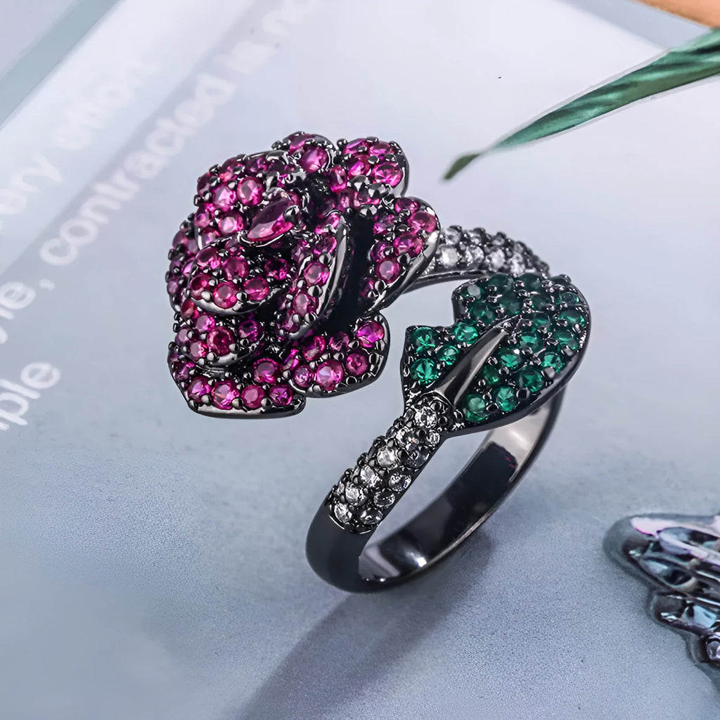 Gold-plated geometric black gold flower ring with simulated red corundum stone for women