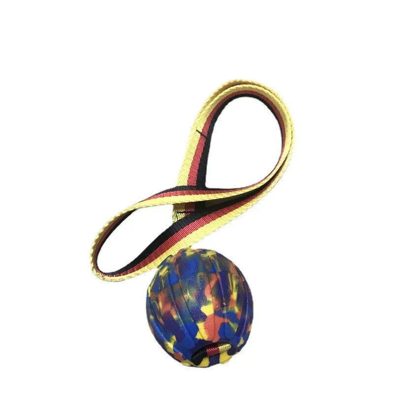 Floating EVA foam dog training ball with string in camouflage or yellow colour, shown in 6.5cm, 7cm, and 9cm diameter sizes