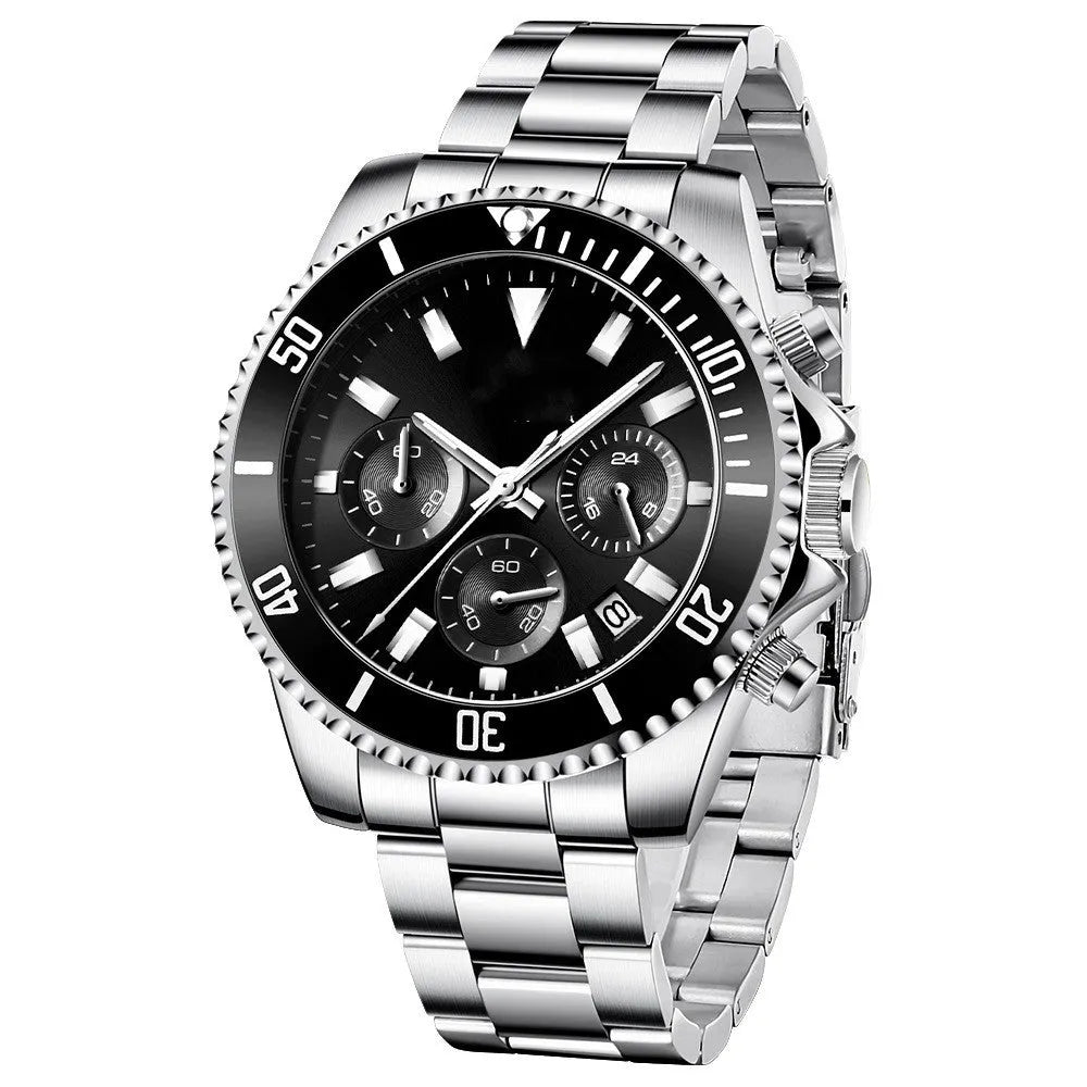 Men's casual steel band watch with night light, 43mm round alloy case, stainless steel buckle, black dial