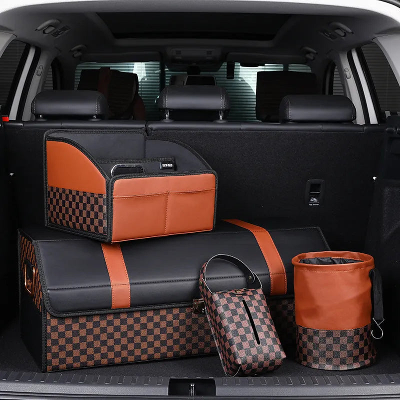 Retractable leather interior car trash can with handle in folded and extended positions