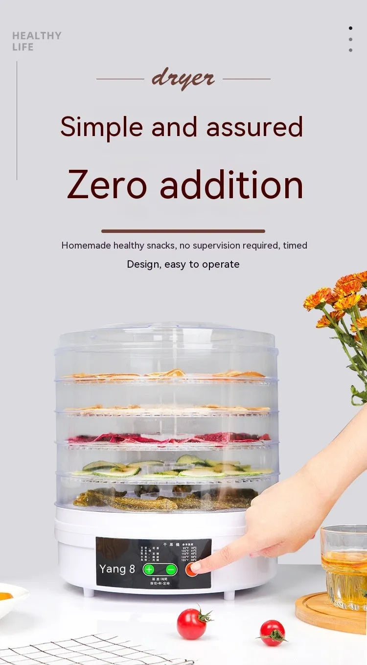 Household fruit dehydrator food dryer with multiple shelf layers and UK plug