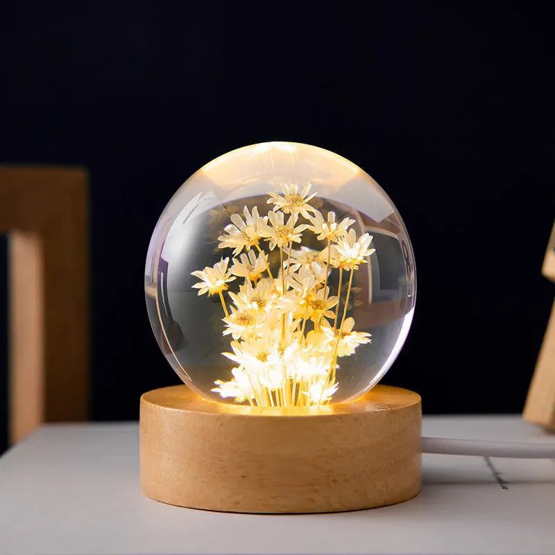 3D dandelion crystal ball on beech wood base with USB cable, showing preserved flower detail inside resin sphere