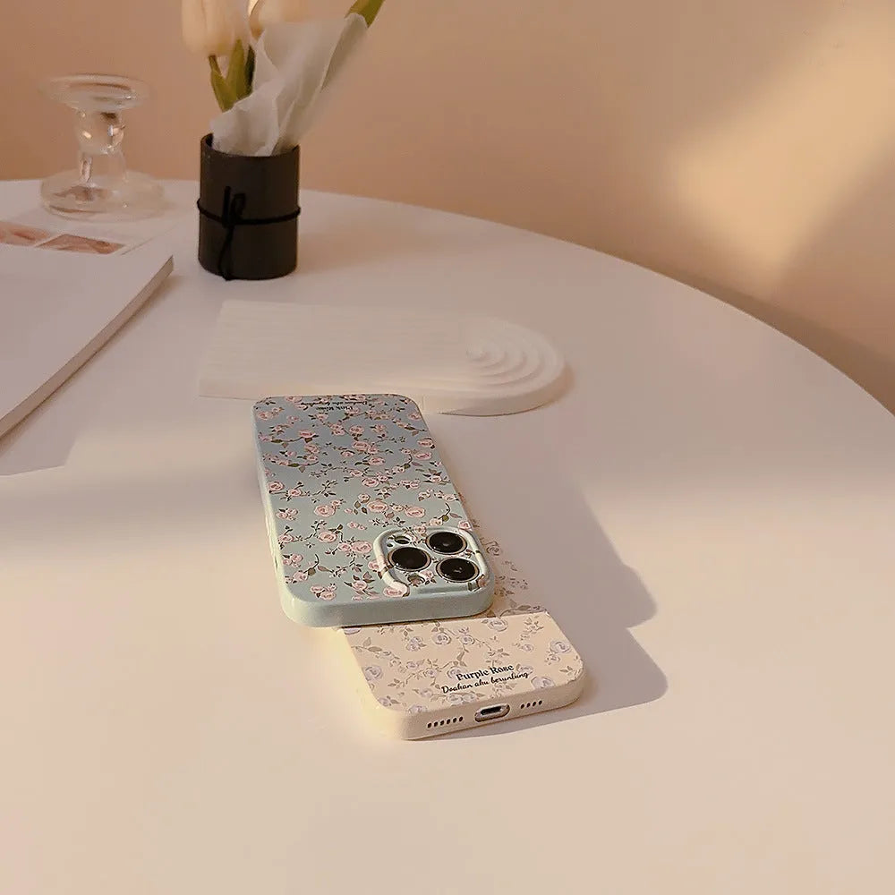 Korean vintage floral TPU phone case for Apple iPhone with painted flowers in embroidered green, water blue, or white colourway